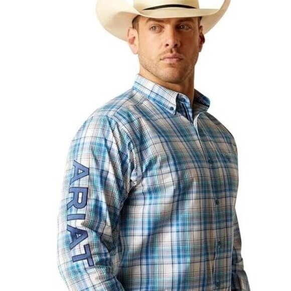 Ariat Pro Series Men's Long Sleeve Griffen Classic Fit Button Shirt White/Blue - Picture 1 of 4